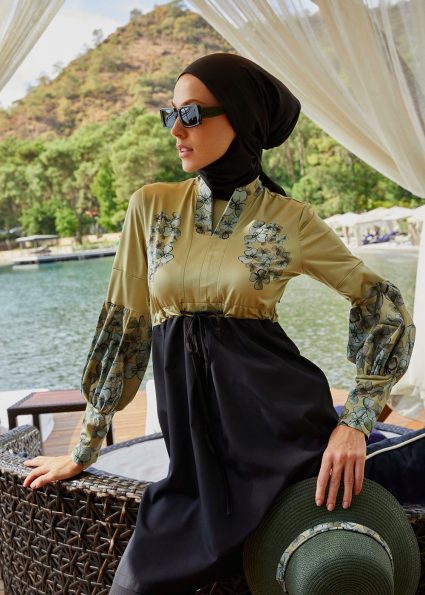 burkini burkini-clover-style-designer-black-green-woven-fabrics-mayovera-7607-13-B
